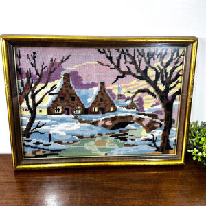 Vintage Framed Needlepoint Wall Picture Hanging 11x15 Stone House Winter Scene